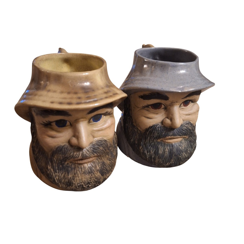 Vintage Fisherman Face Head Mug Fish Handle Ceramic Hand Painted Coffee Tea Cups